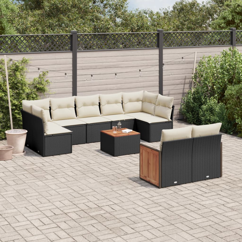 10 Pcs conjunto sofás de jardim c/ almofadões vime PE preto