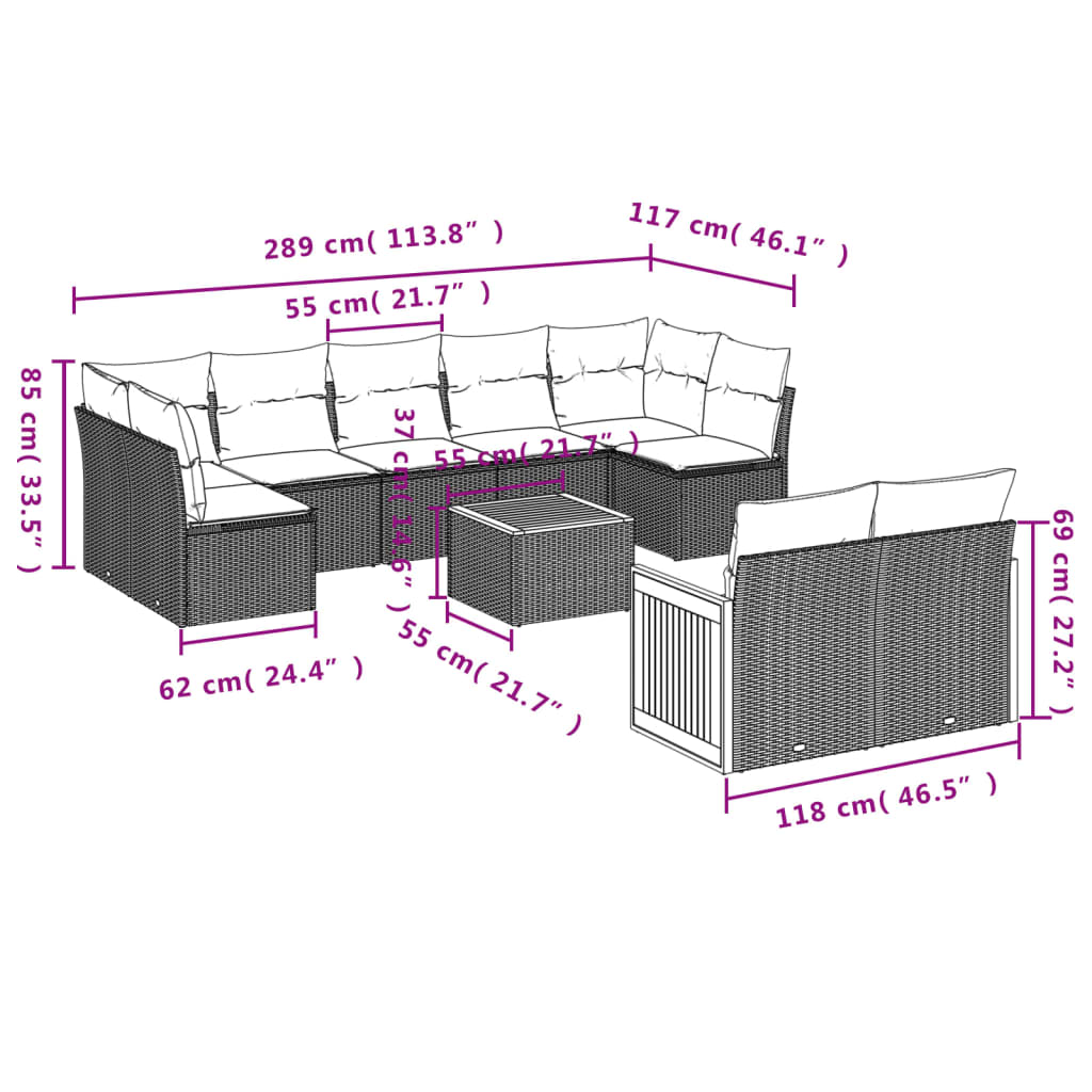 10 Pcs conjunto sofás de jardim c/ almofadões vime PE preto