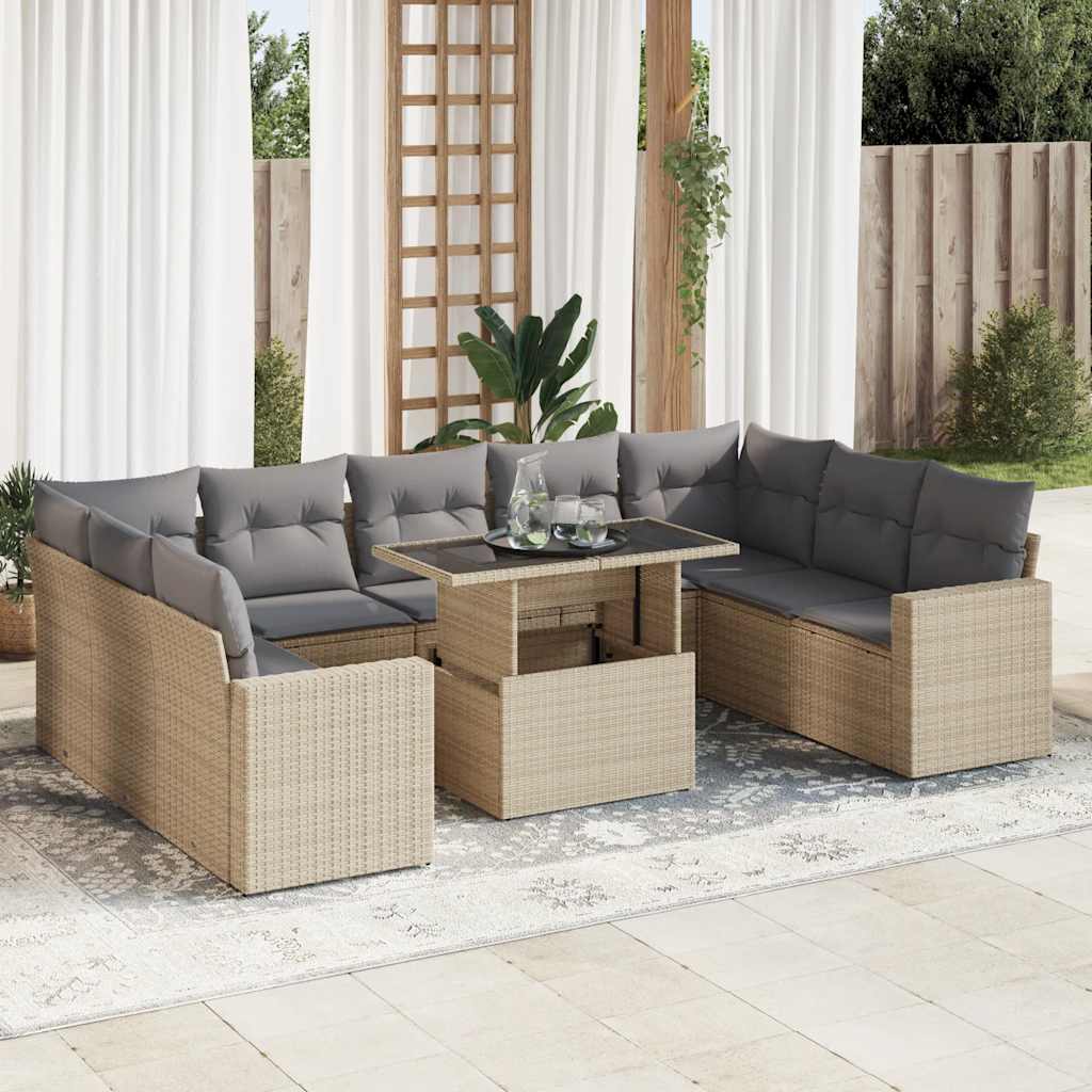 10 Pcs conjunto de sofás p/ jardim com almofadões vime PE bege