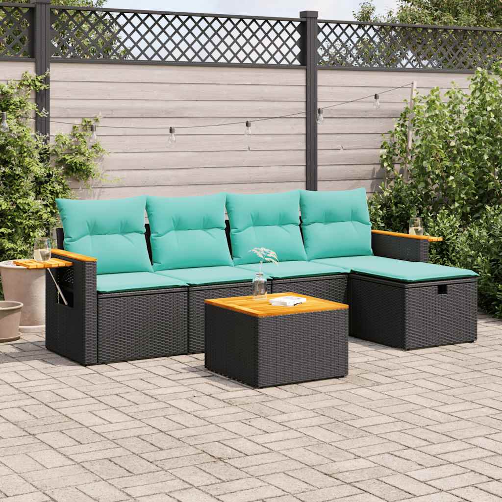 6 Pcs conjunto sofás de jardim c/ almofadões vime PE preto