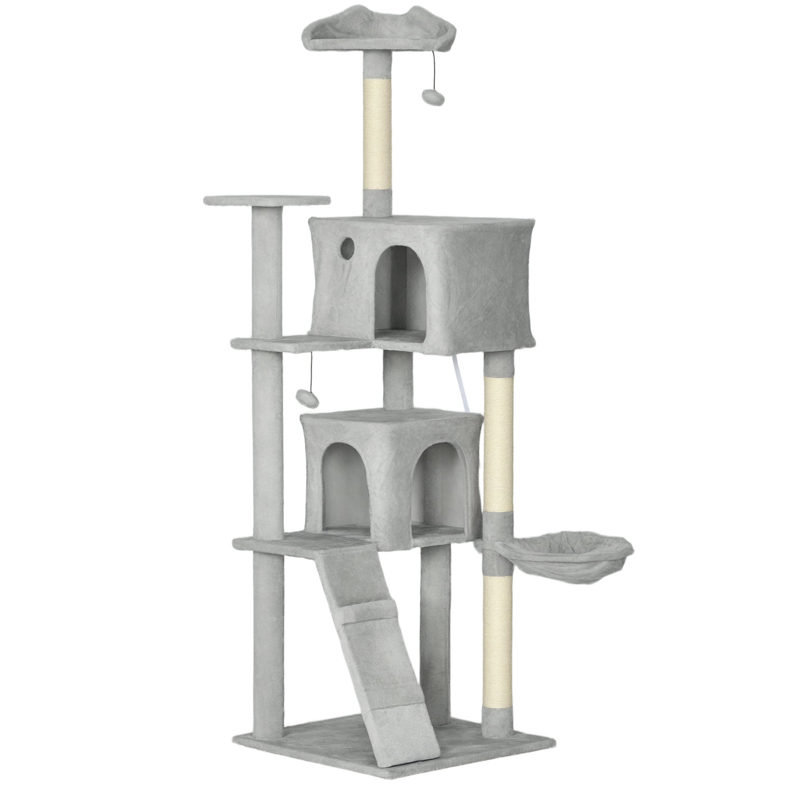 Arranhador para gatos com múltiplas plataformas cama 2 cavernas rede escada postes de sisal 56x56x180 cm cinza