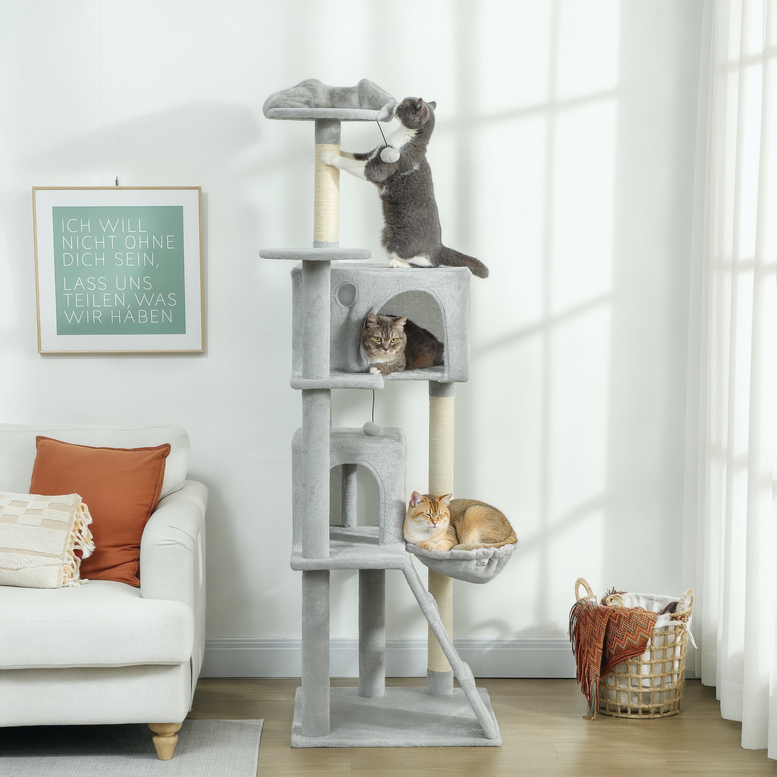 Arranhador para gatos com múltiplas plataformas cama 2 cavernas rede escada postes de sisal 56x56x180 cm cinza
