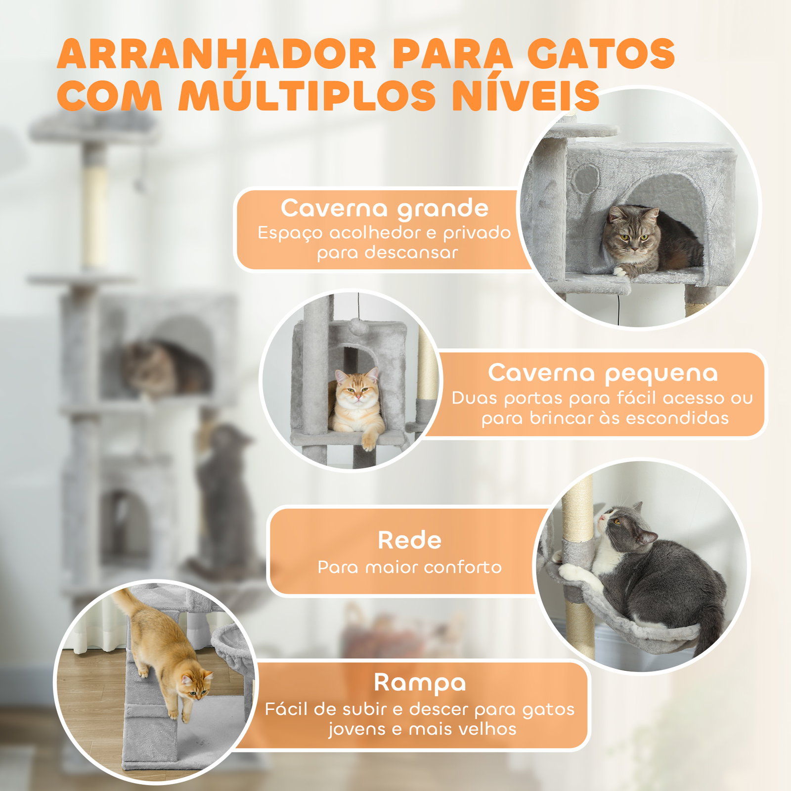 Arranhador para gatos com múltiplas plataformas cama 2 cavernas rede escada postes de sisal 56x56x180 cm cinza