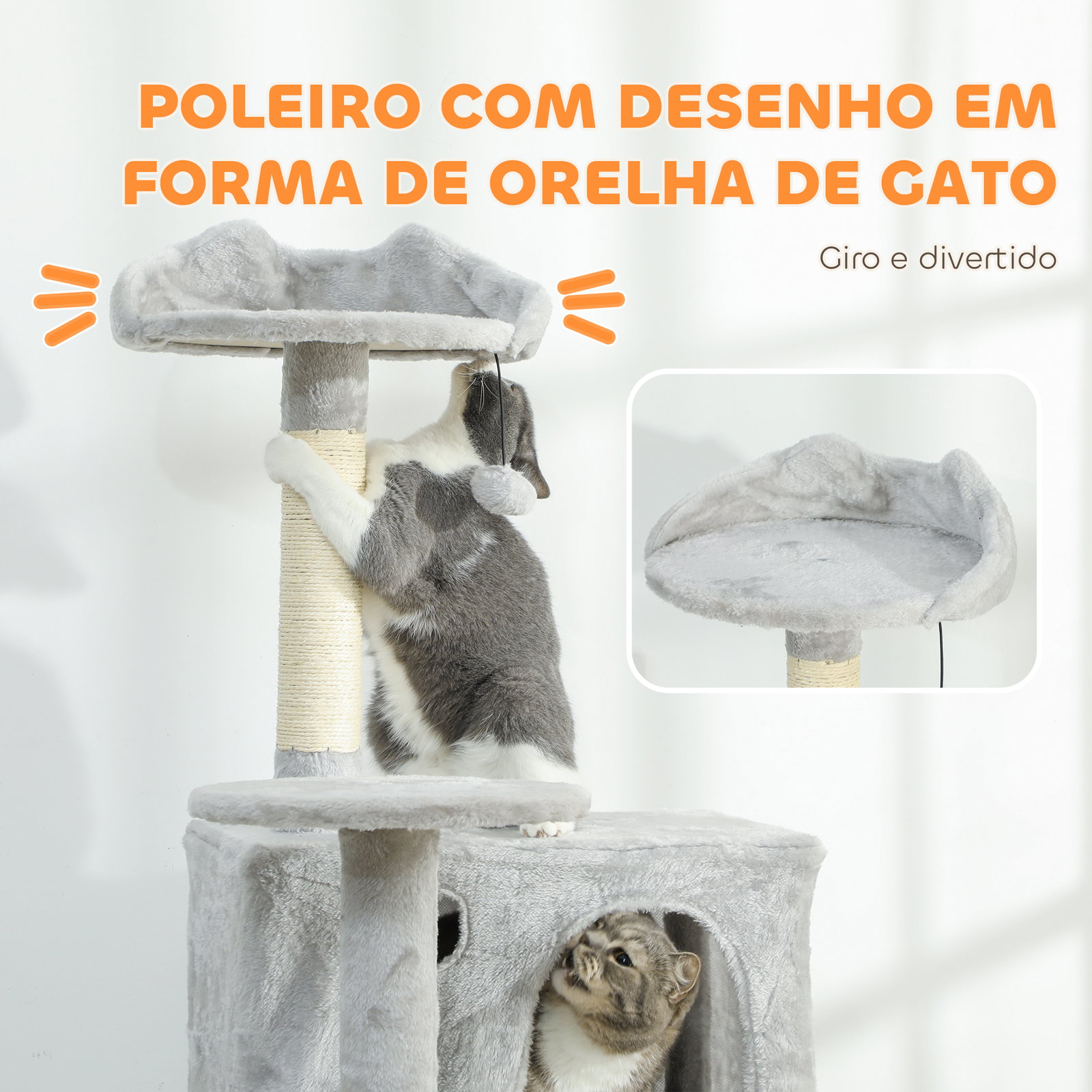Arranhador para gatos com múltiplas plataformas cama 2 cavernas rede escada postes de sisal 56x56x180 cm cinza