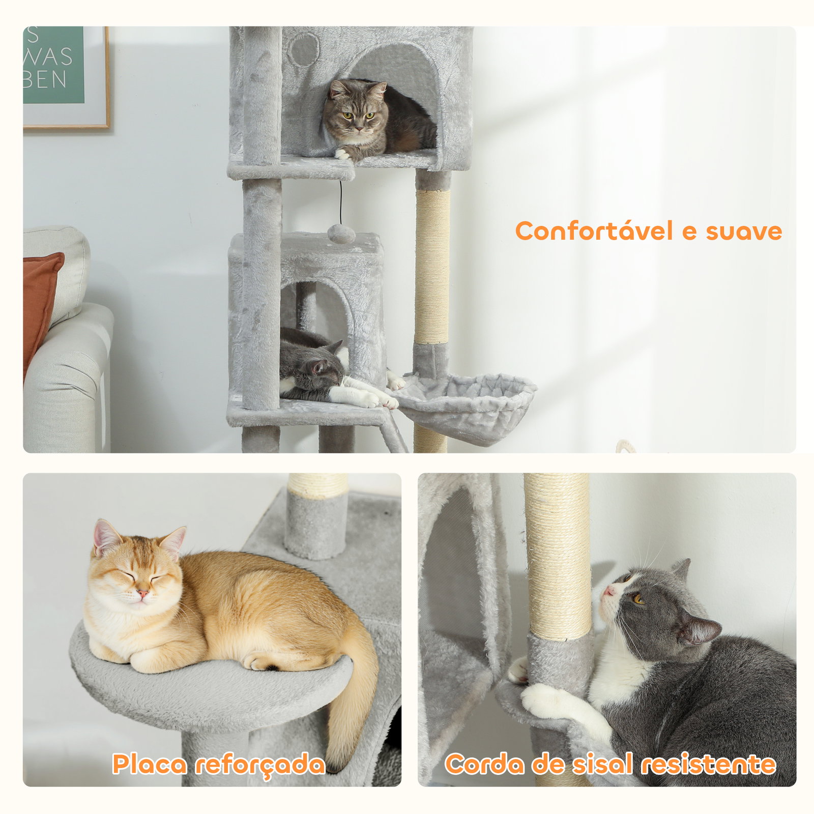 Arranhador para gatos com múltiplas plataformas cama 2 cavernas rede escada postes de sisal 56x56x180 cm cinza