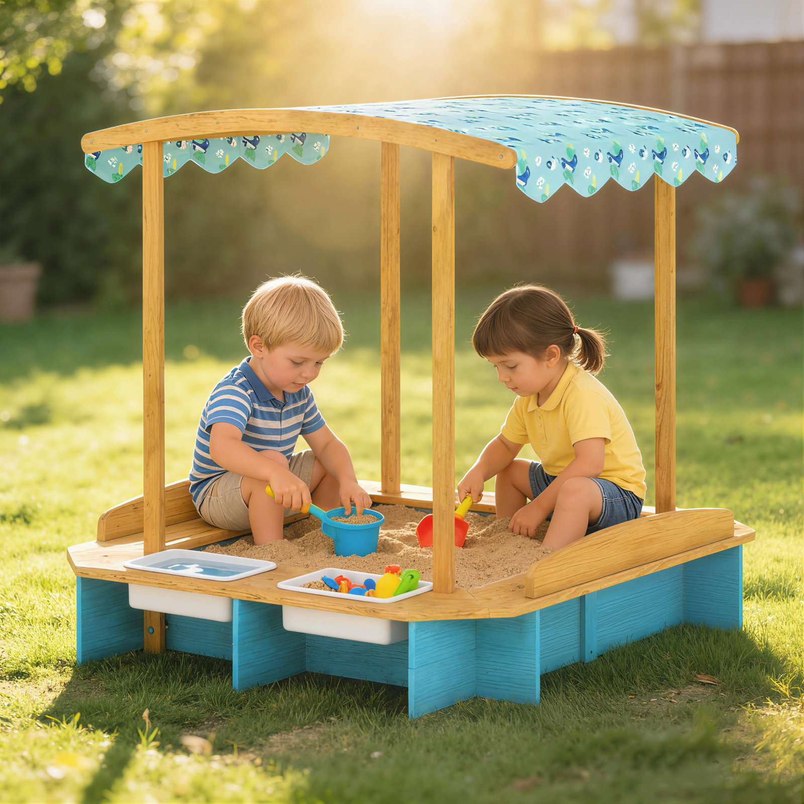 Caixa de areia infantil de madeira com 2 caixas de PP caixa de areia para crianças de 3-6 anos 128x118x121 cm azul e madeira