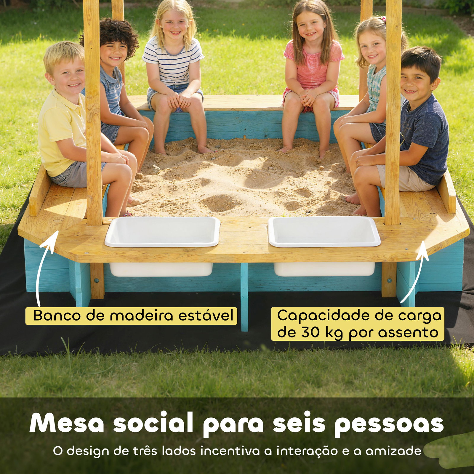 Caixa de areia infantil de madeira com 2 caixas de PP caixa de areia para crianças de 3-6 anos 128x118x121 cm azul e madeira