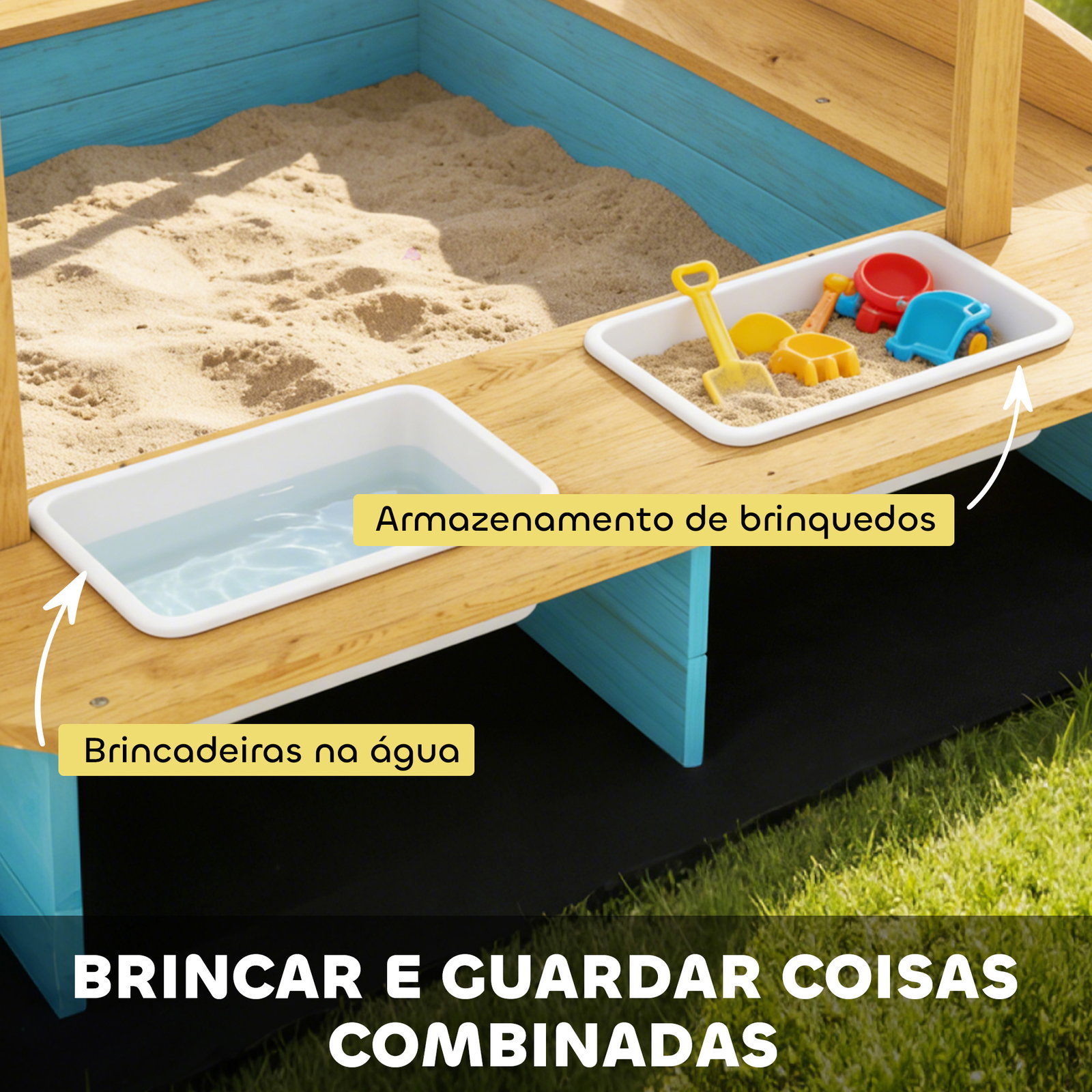 Caixa de areia infantil de madeira com 2 caixas de PP caixa de areia para crianças de 3-6 anos 128x118x121 cm azul e madeira