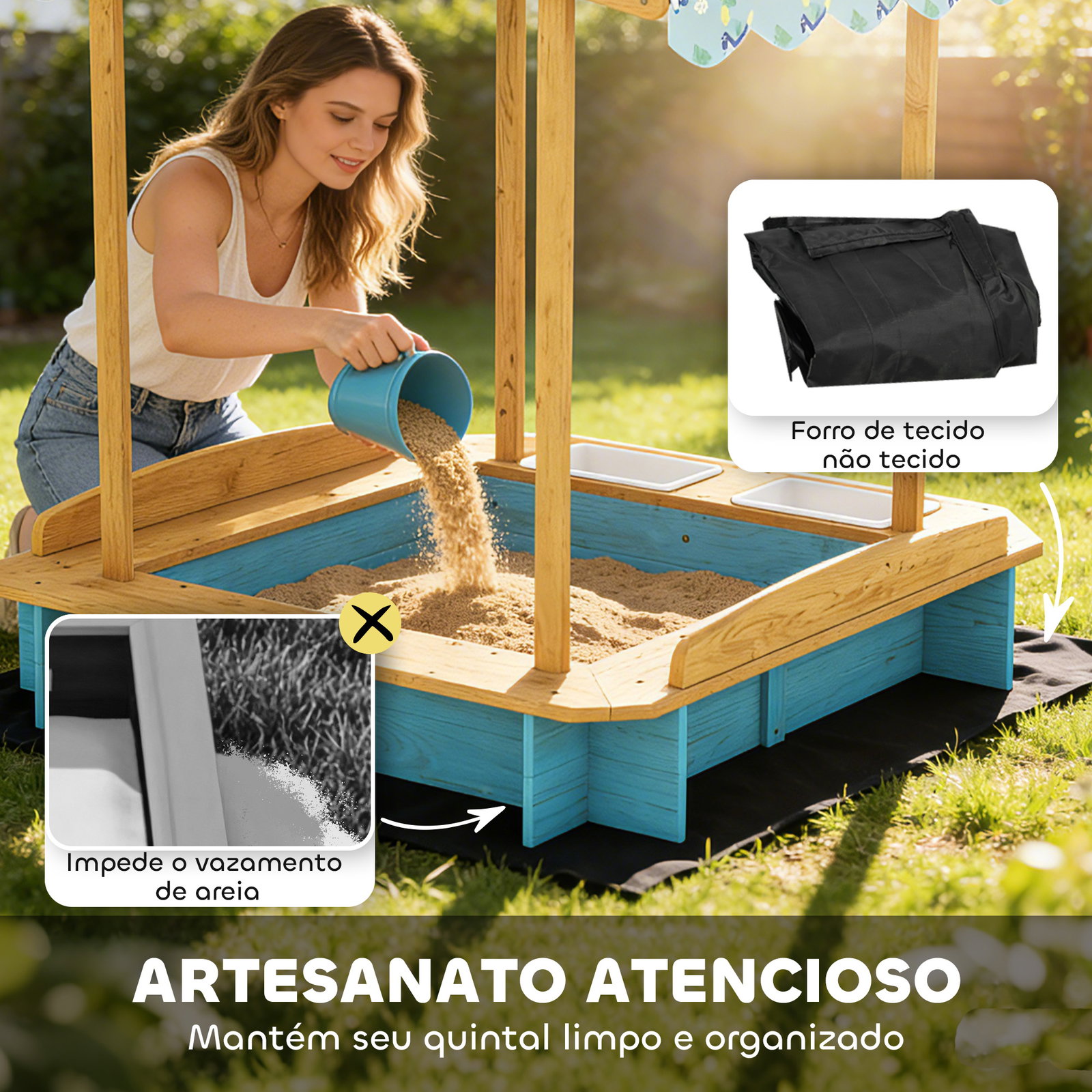 Caixa de areia infantil de madeira com 2 caixas de PP caixa de areia para crianças de 3-6 anos 128x118x121 cm azul e madeira