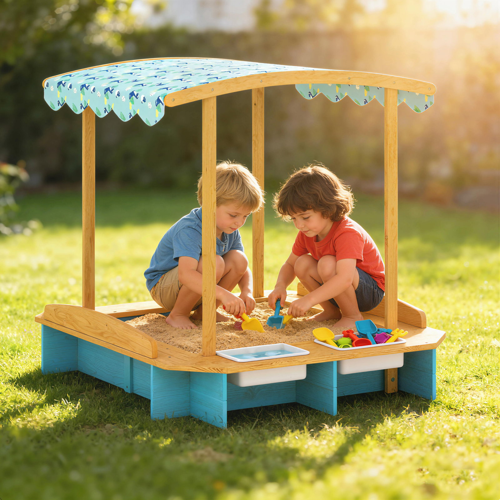 Caixa de areia infantil de madeira com 2 caixas de PP caixa de areia para crianças de 3-6 anos 128x118x121 cm azul e madeira