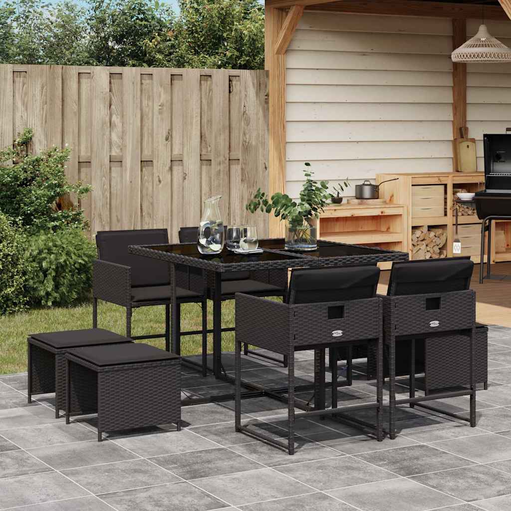 9 Pcs conjunto de jantar p/ jardim c/ almofadões vime PE preto