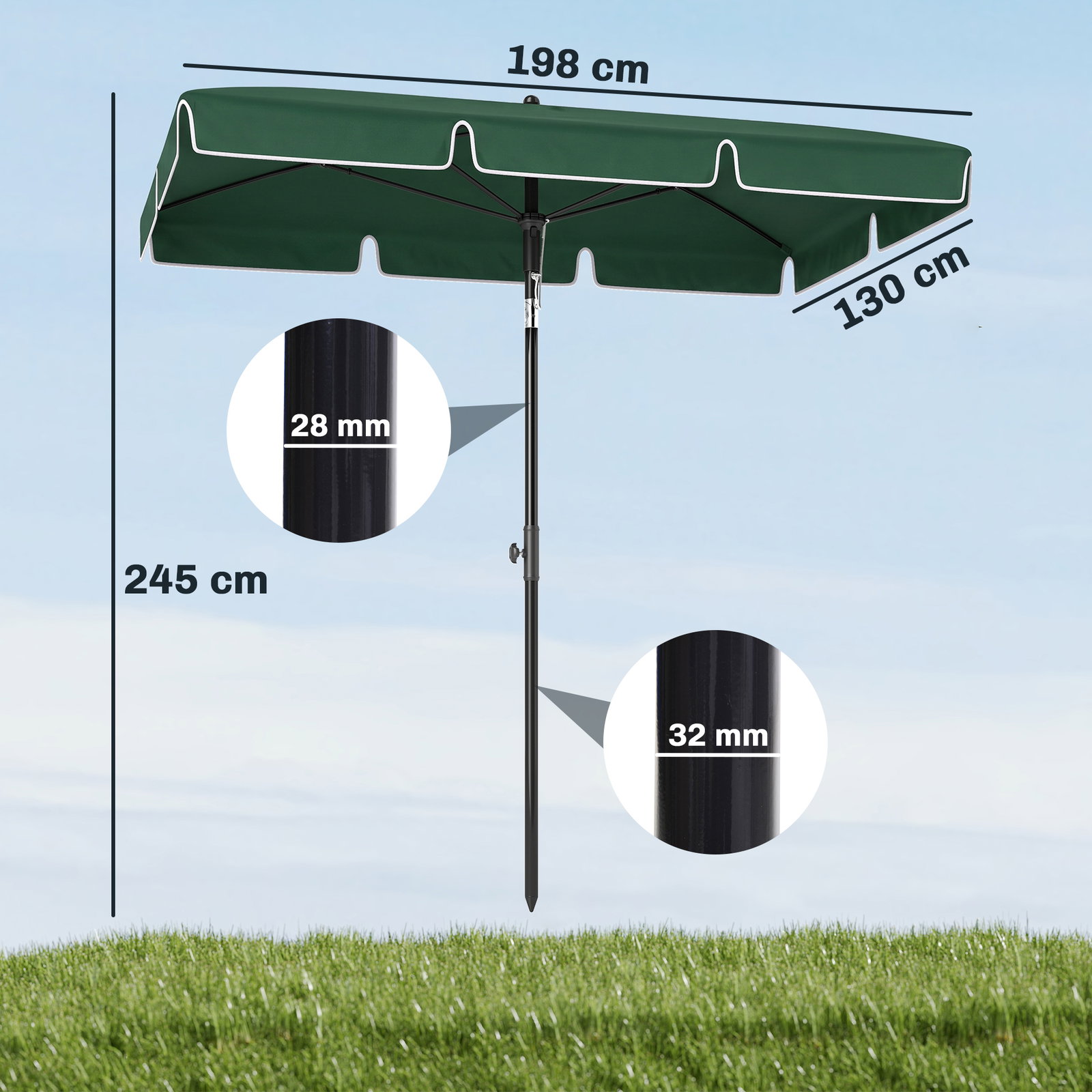 Chapéu de sol retangular de jardim 198x130x240cm chapéu de sol de alumínio com função de inclinação para terraço pátio exterior verde