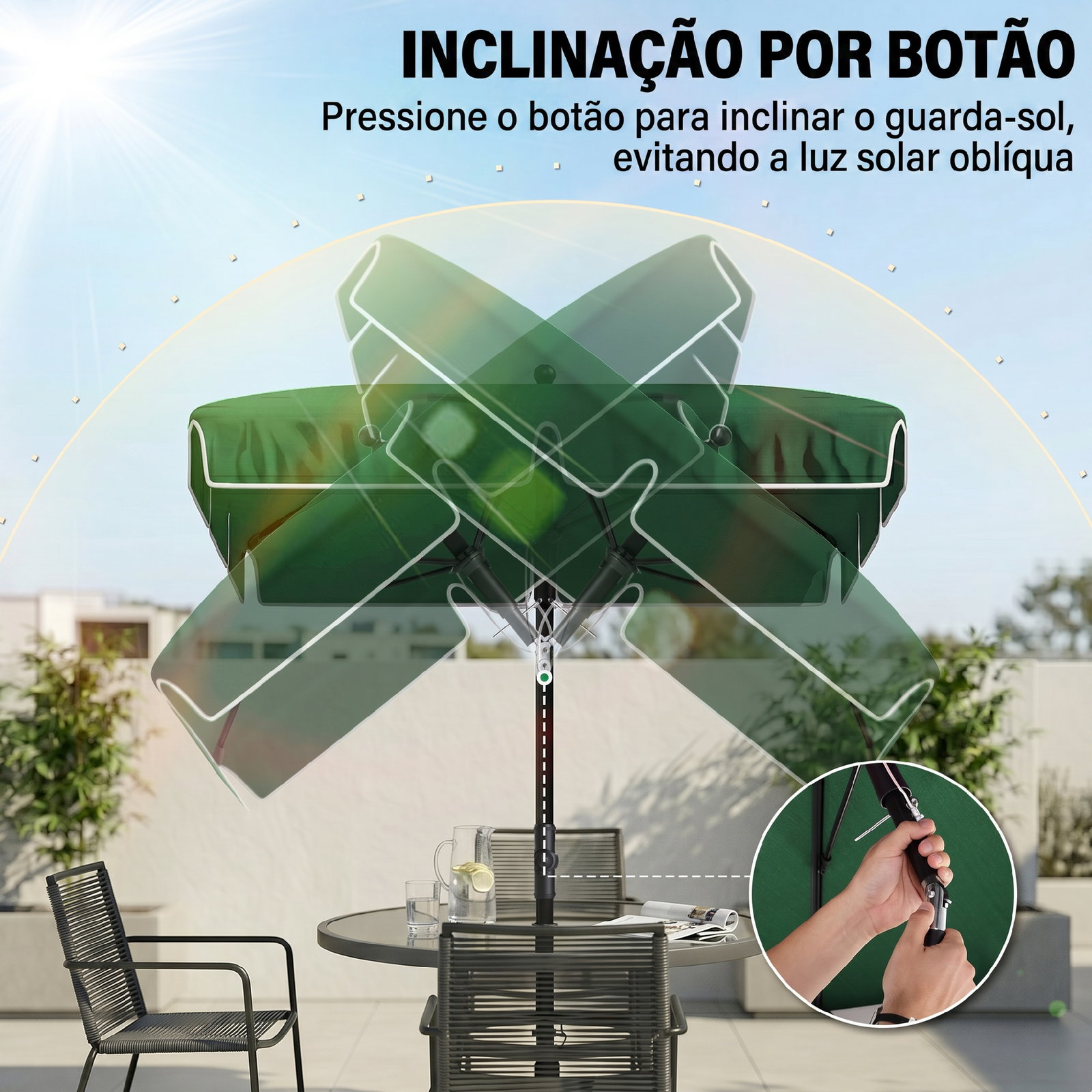 Chapéu de sol retangular de jardim 198x130x240cm chapéu de sol de alumínio com função de inclinação para terraço pátio exterior verde