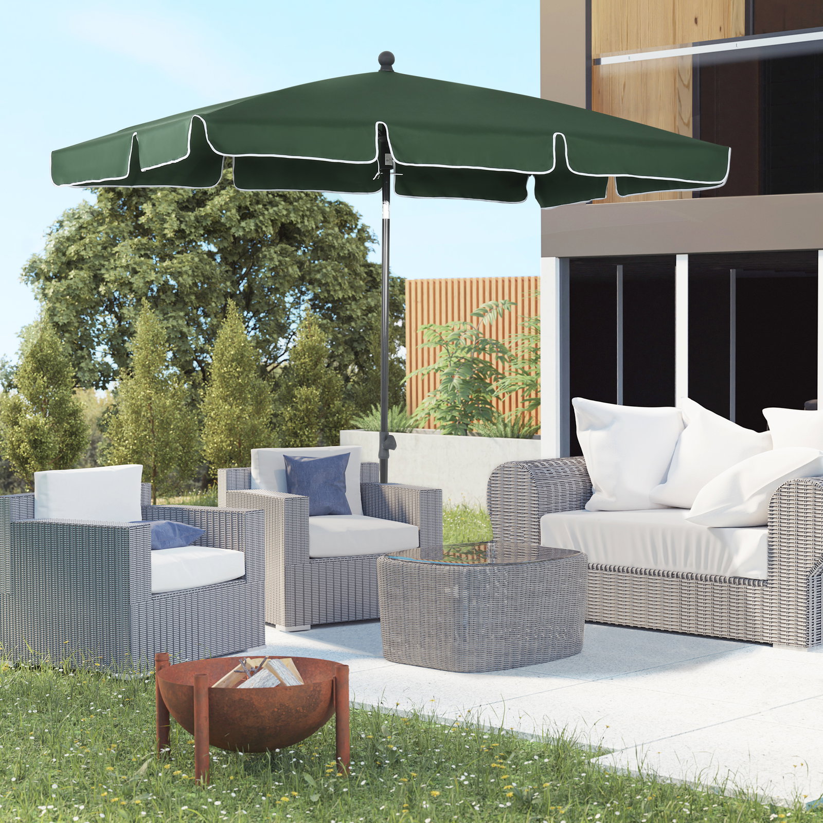 Chapéu de sol retangular de jardim 198x130x240cm chapéu de sol de alumínio com função de inclinação para terraço pátio exterior verde