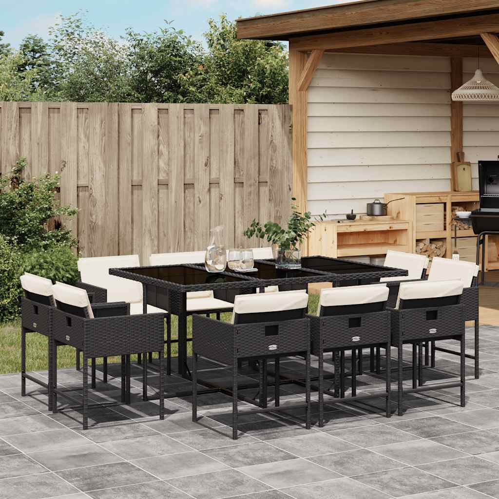 11 Pcs conjunto de jantar p/ jardim c/ almofadões vime PE preto
