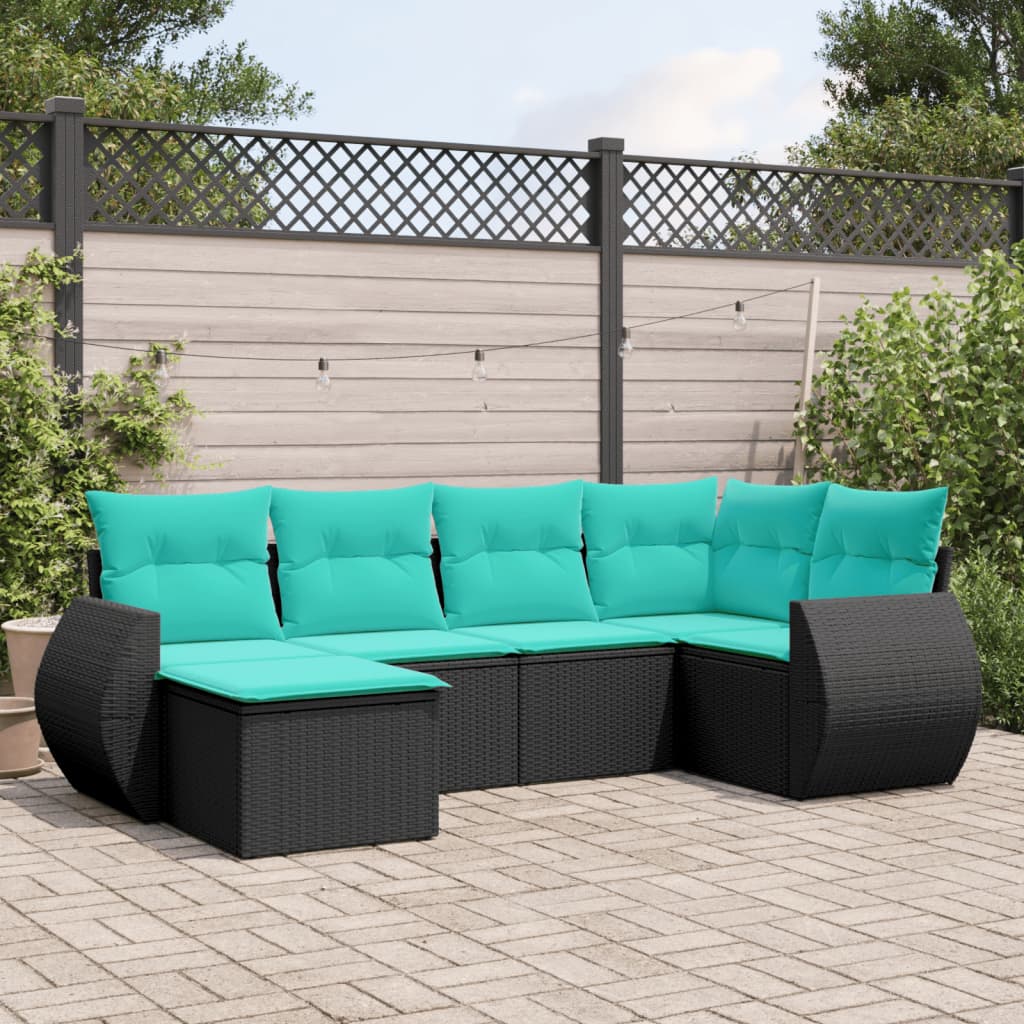 Conjunto de sofá de jardim com 6 peças e almofadas em rattan sintético preto