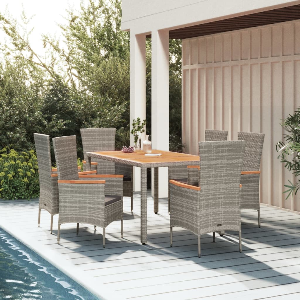 7 Pcs conjunto de jantar p/ jardim c/ almofadões vime PE cinza