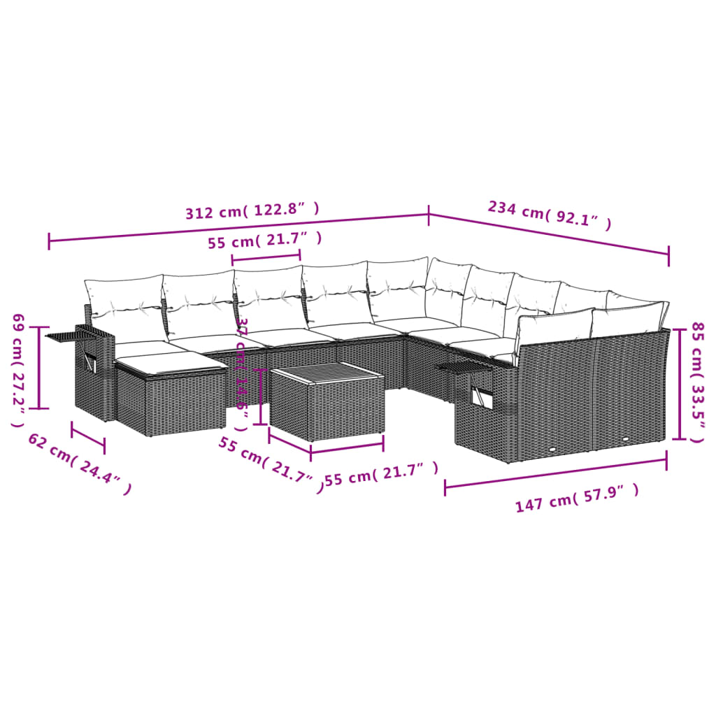 12 Pcs conjunto de sofás de jardim c/ almofadões vime PE preto