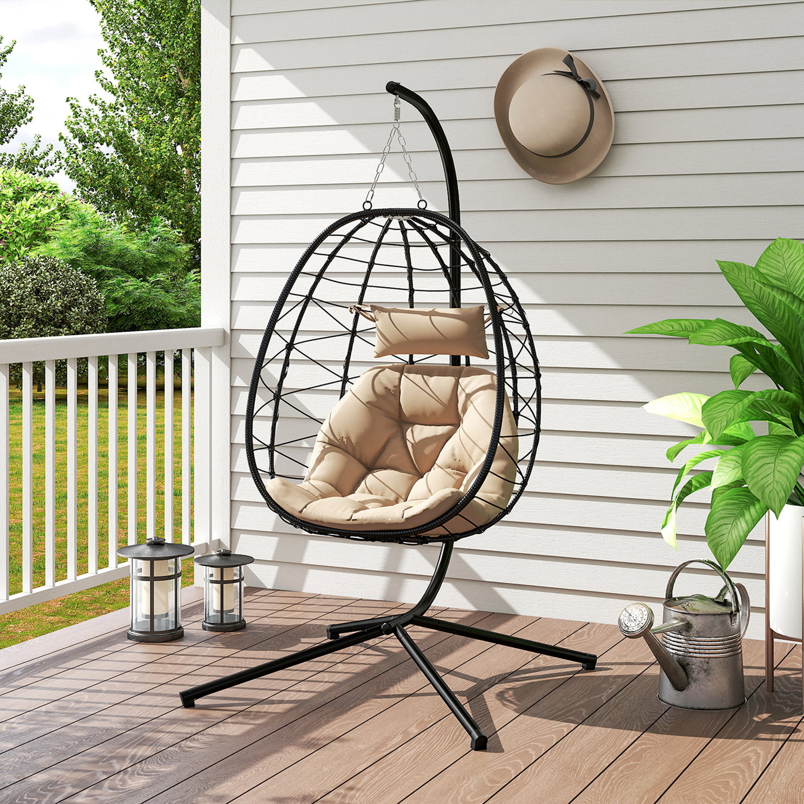 Cadeira suspensa com suporte baloiço jardim com cesto dobrável almofada e apoio de cabeça 98x95x198 cm caqui