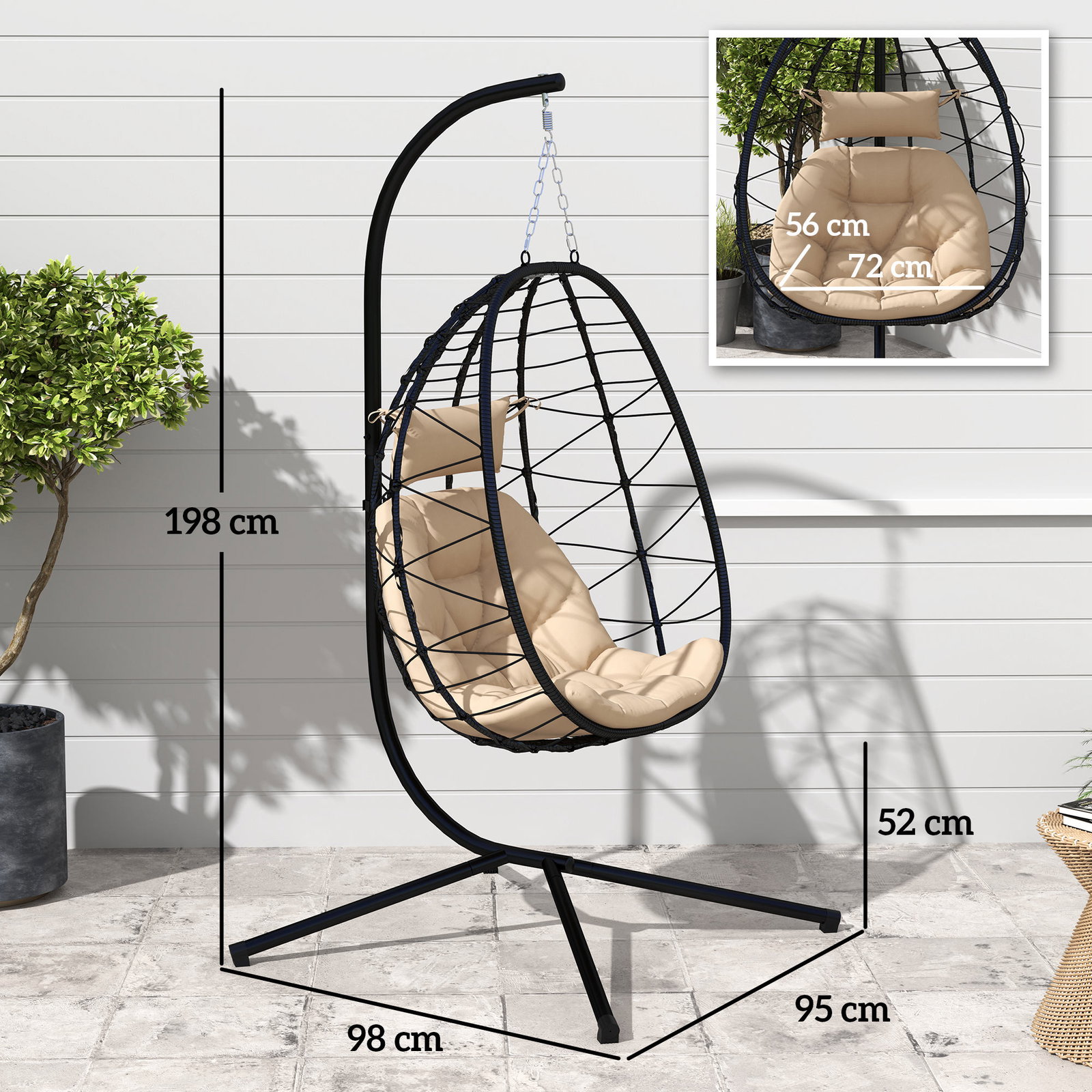 Cadeira suspensa com suporte baloiço jardim com cesto dobrável almofada e apoio de cabeça 98x95x198 cm caqui