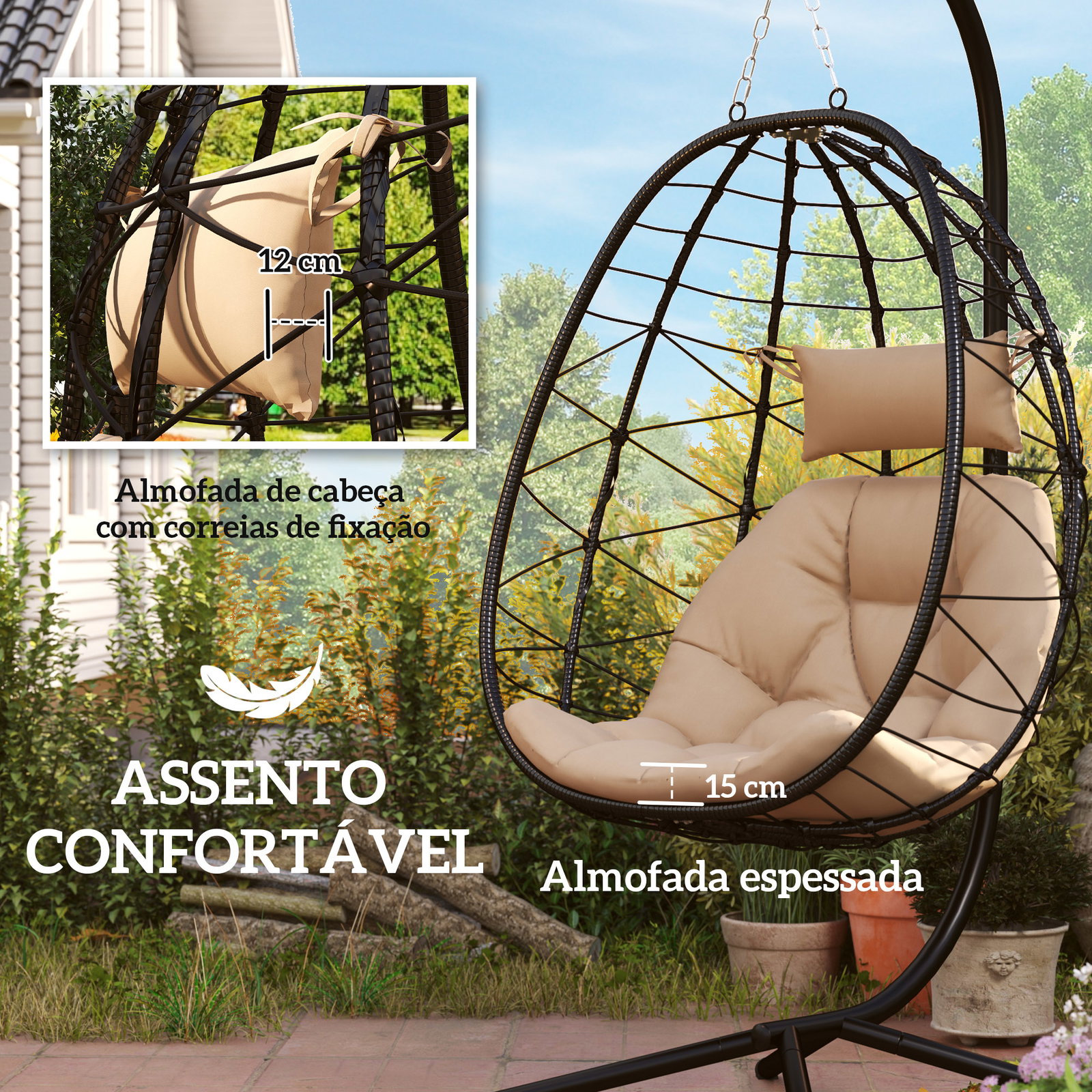 Cadeira suspensa com suporte baloiço jardim com cesto dobrável almofada e apoio de cabeça 98x95x198 cm caqui