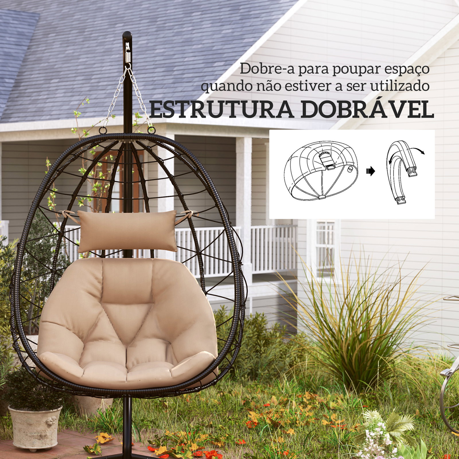 Cadeira suspensa com suporte baloiço jardim com cesto dobrável almofada e apoio de cabeça 98x95x198 cm caqui