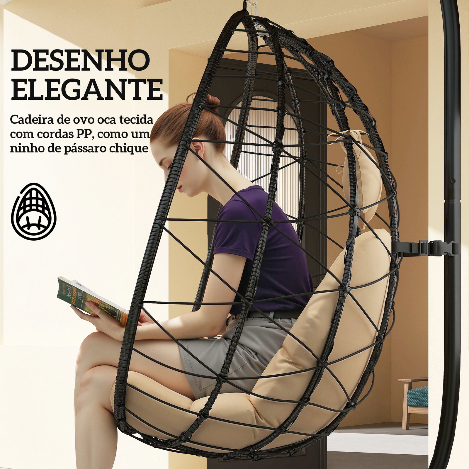 Cadeira suspensa com suporte baloiço jardim com cesto dobrável almofada e apoio de cabeça 98x95x198 cm caqui