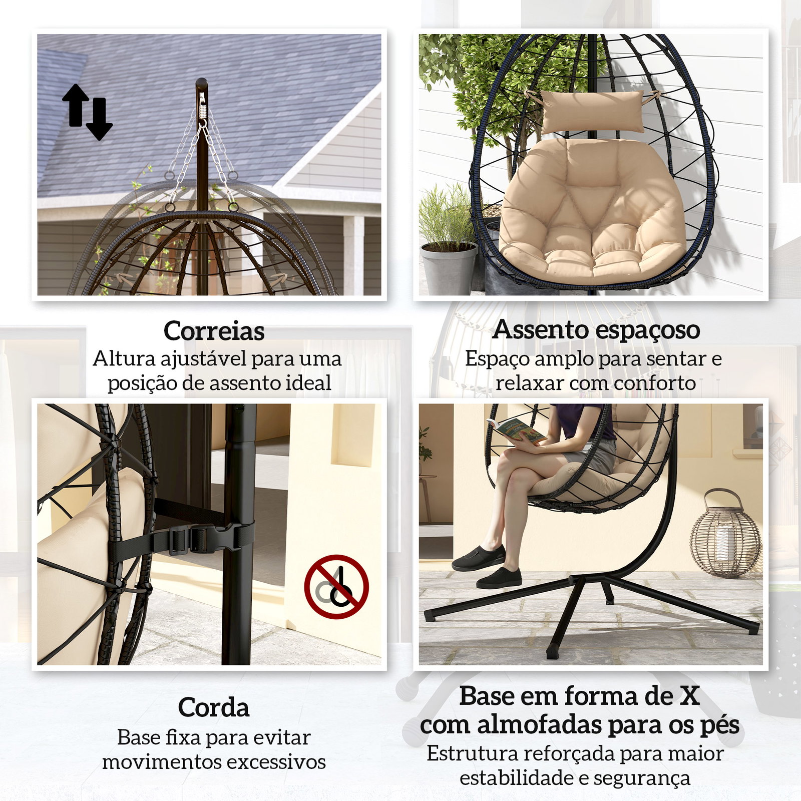 Cadeira suspensa com suporte baloiço jardim com cesto dobrável almofada e apoio de cabeça 98x95x198 cm caqui