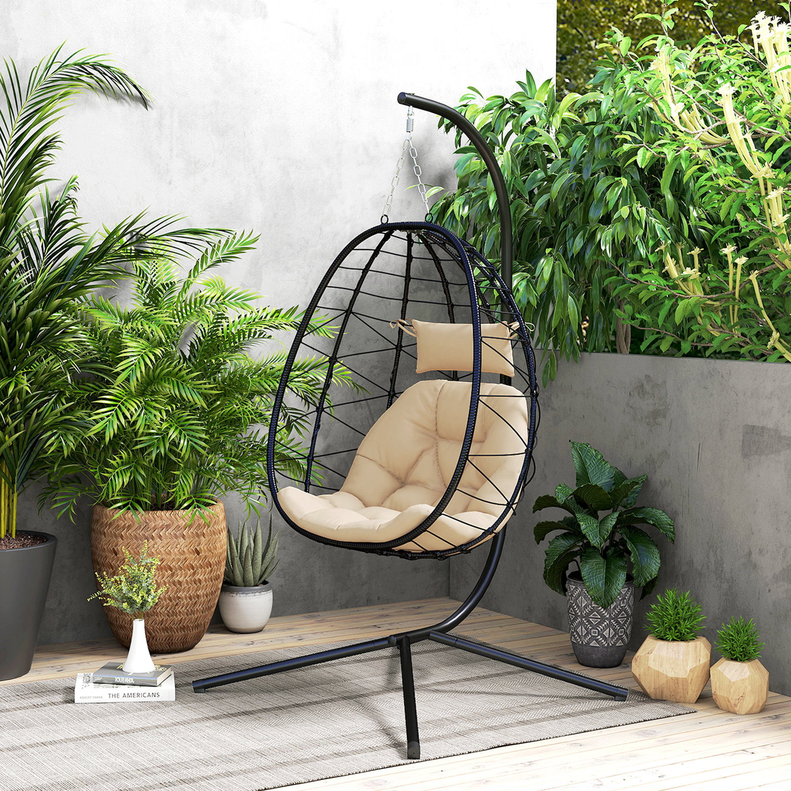 Cadeira suspensa com suporte baloiço jardim com cesto dobrável almofada e apoio de cabeça 98x95x198 cm caqui