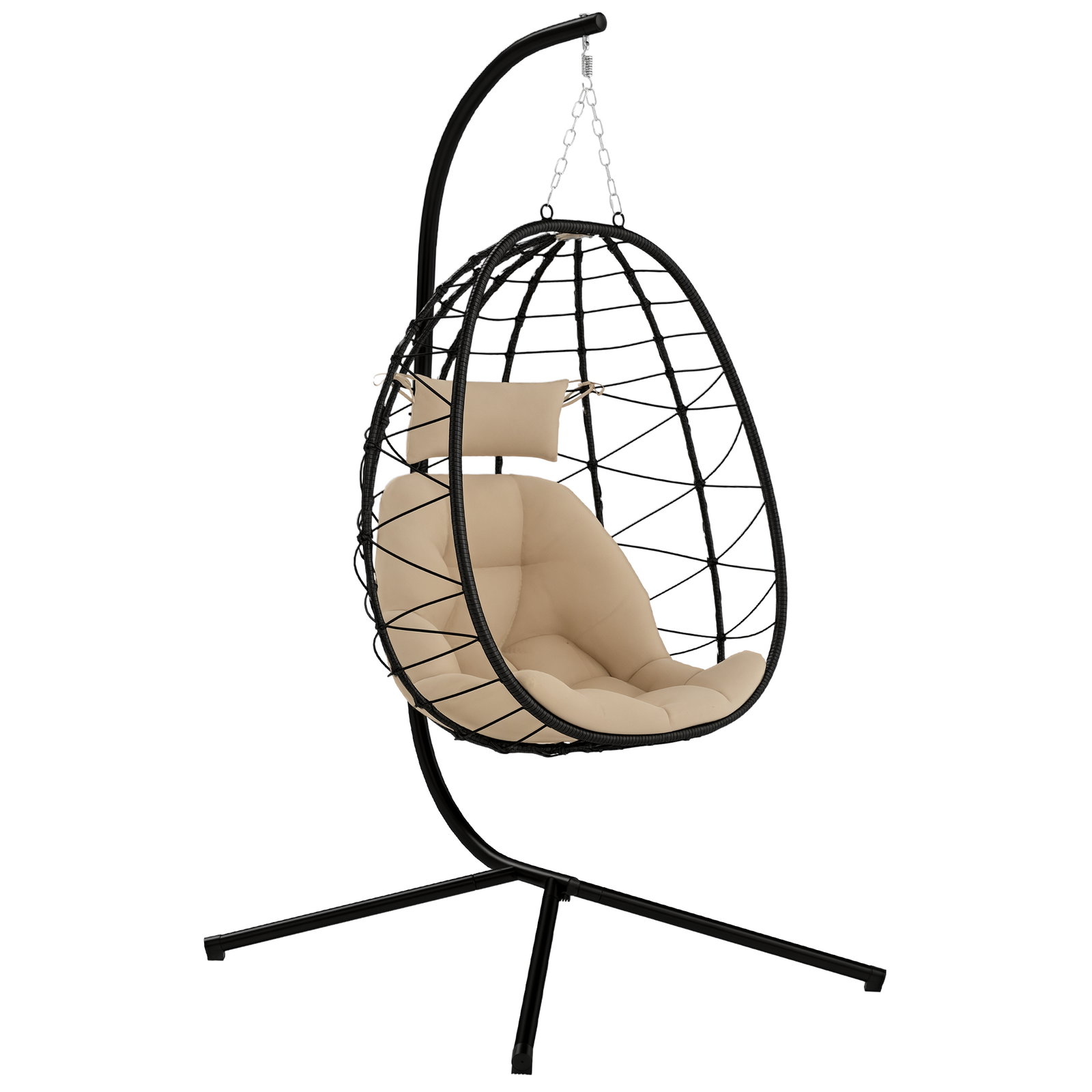 Cadeira suspensa com suporte baloiço jardim com cesto dobrável almofada e apoio de cabeça 98x95x198 cm caqui