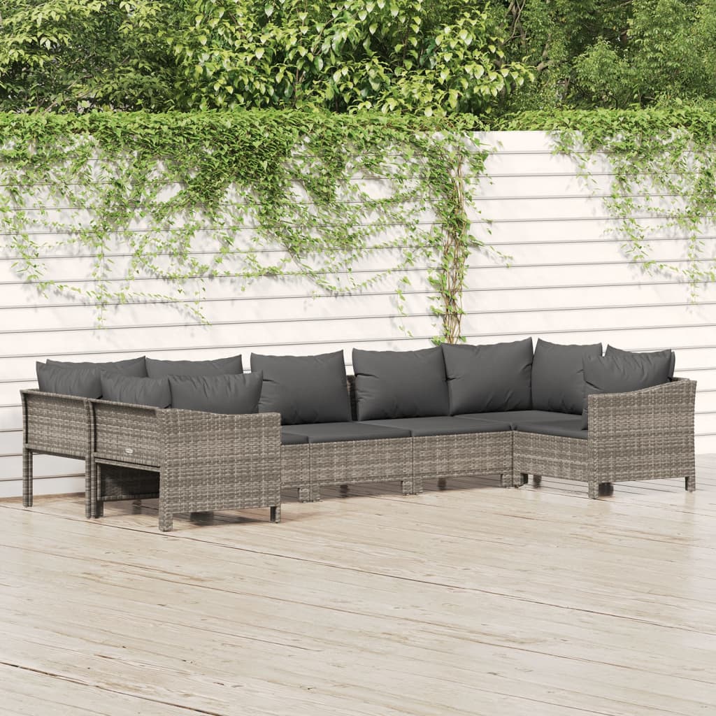 7 Pcs conjunto lounge de jardim c/ almofadões vime PE cinzento