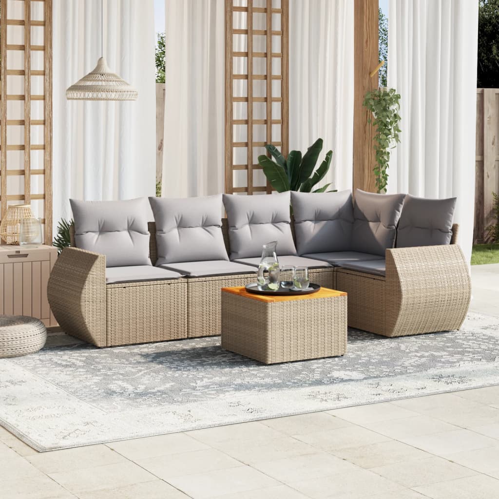 6 Pcs conjunto de sofás p/ jardim com almofadões vime PE bege