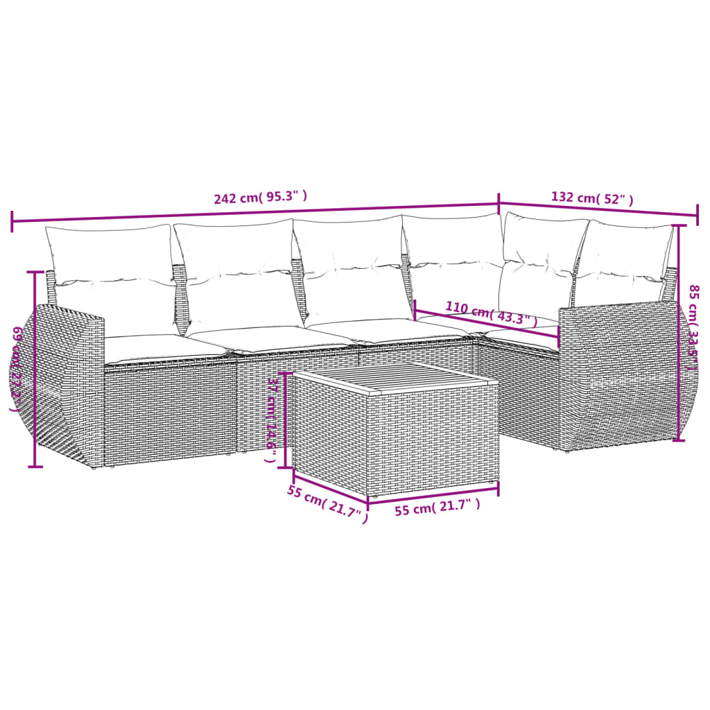 6 Pcs conjunto de sofás p/ jardim com almofadões vime PE bege