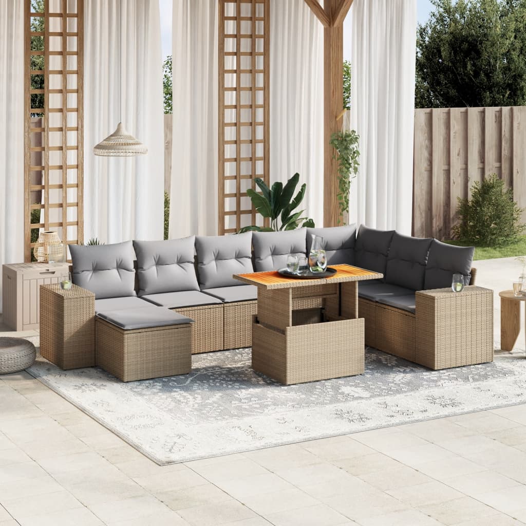 9 Pcs conjunto de sofás p/ jardim com almofadões vime PE bege