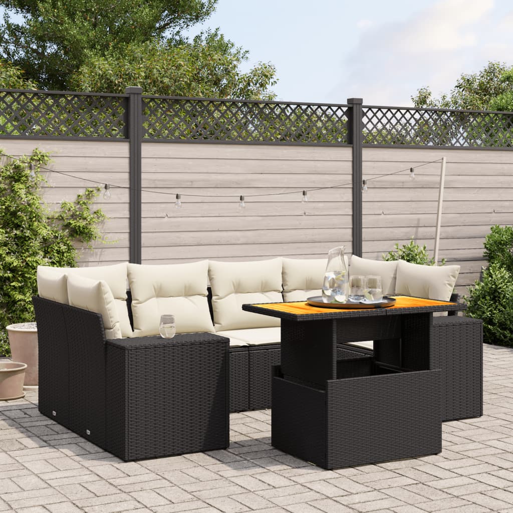 7 Pcs conjunto de sofás p/ jardim c/ almofadões vime PE preto
