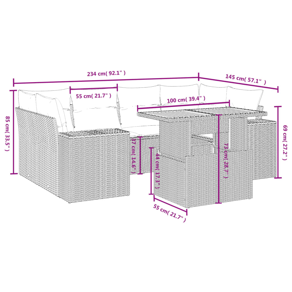 7 Pcs conjunto de sofás p/ jardim c/ almofadões vime PE preto