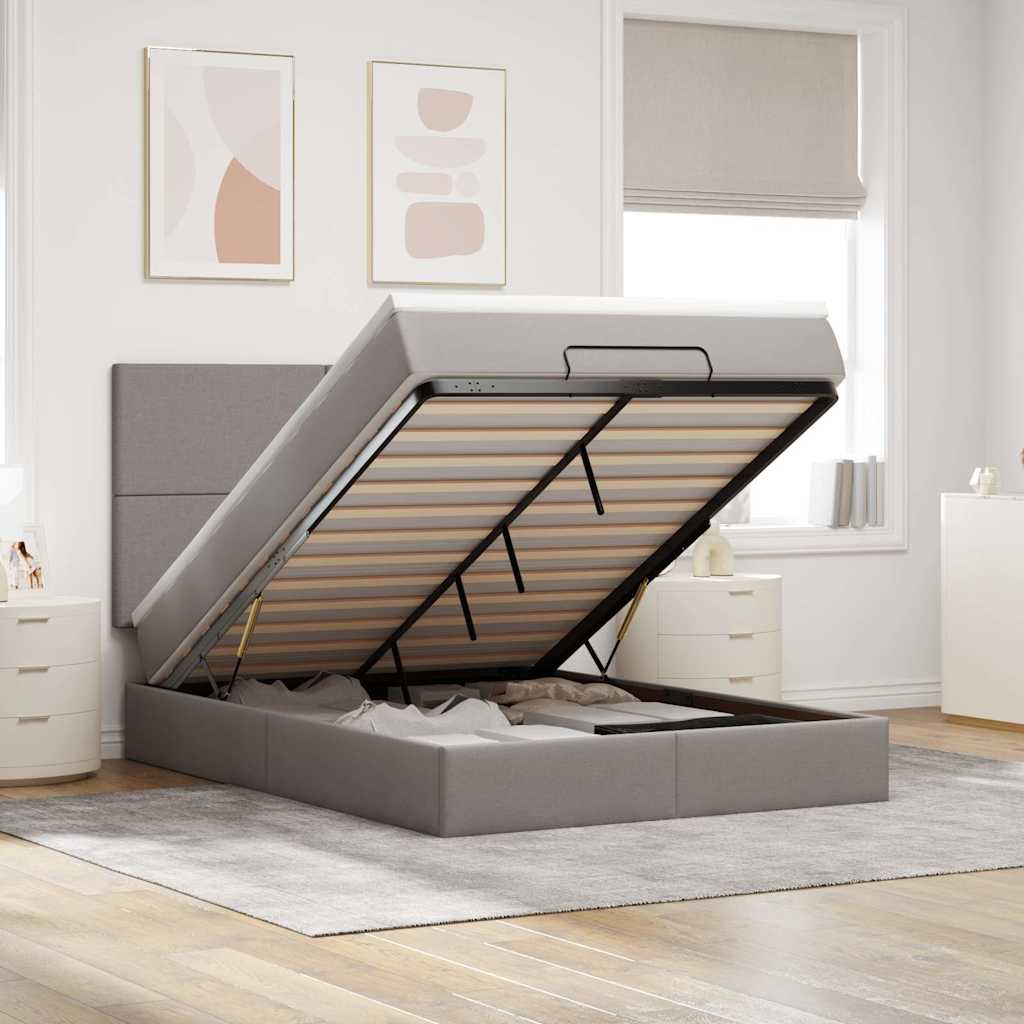Estrutura de cama otomana com colchão tecido cinzento 140x190cm