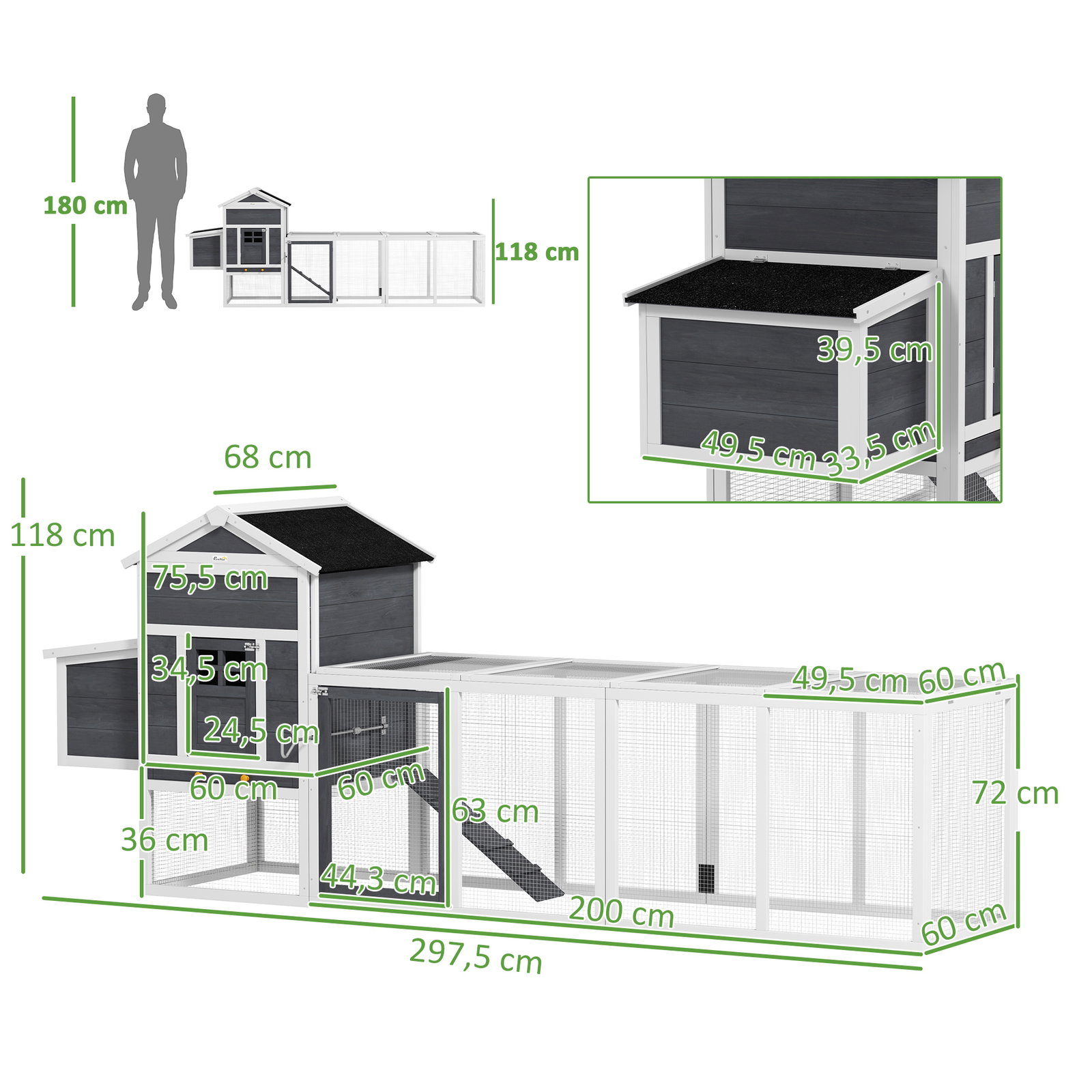Galinheiro de madeira 297,5x68x118cm para 3-6 galinhas com teto asfáltico porta com trava e caixa ninho branco e cinza