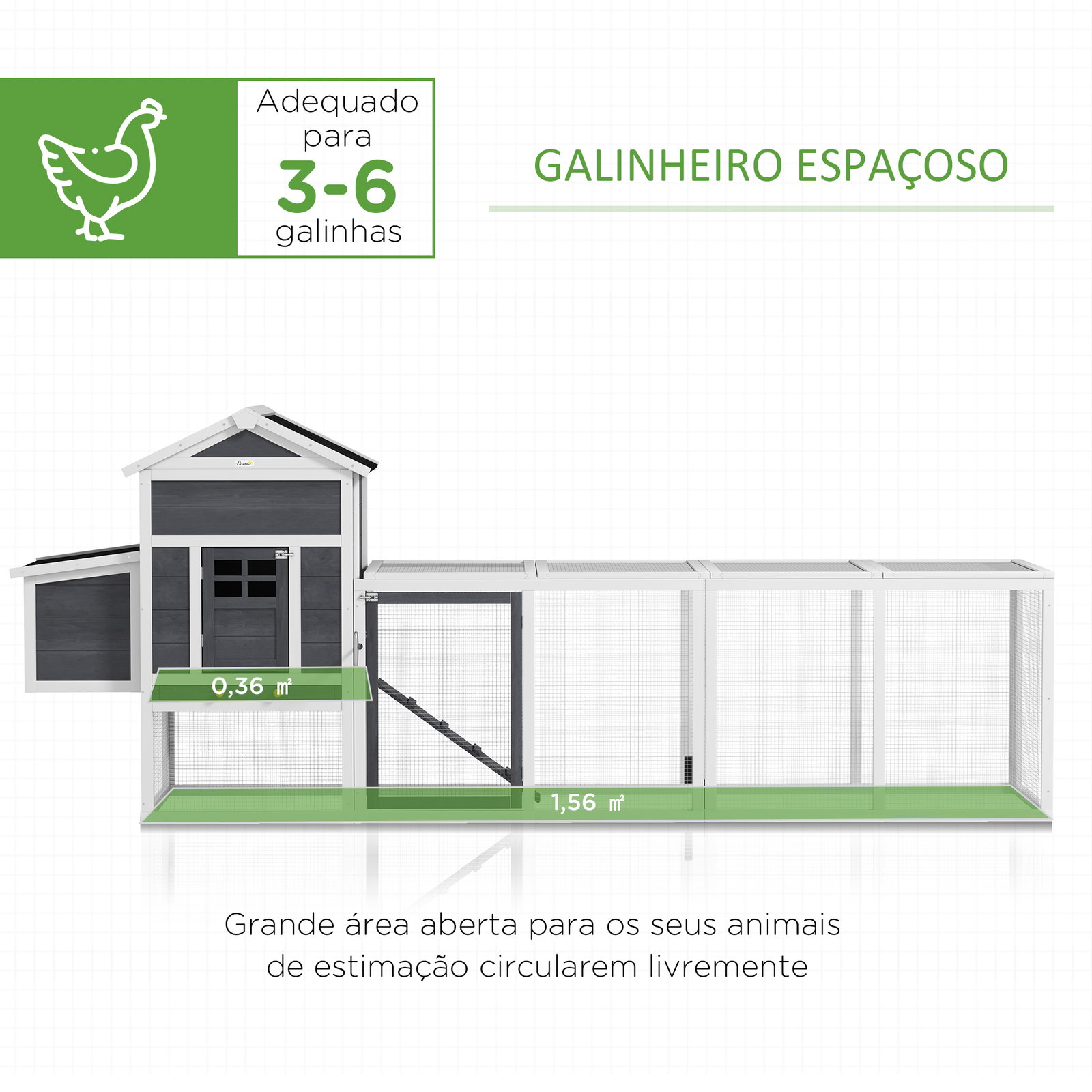 Galinheiro de madeira 297,5x68x118cm para 3-6 galinhas com teto asfáltico porta com trava e caixa ninho branco e cinza