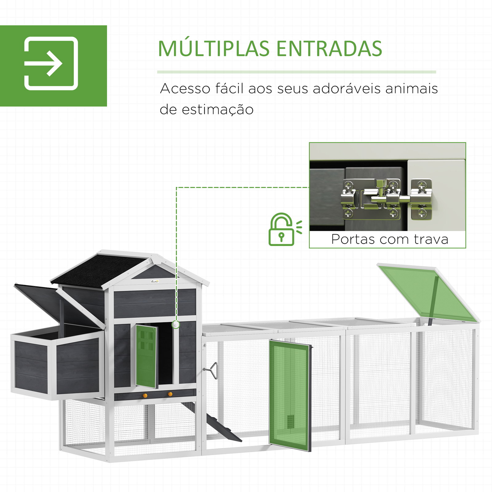 Galinheiro de madeira 297,5x68x118cm para 3-6 galinhas com teto asfáltico porta com trava e caixa ninho branco e cinza