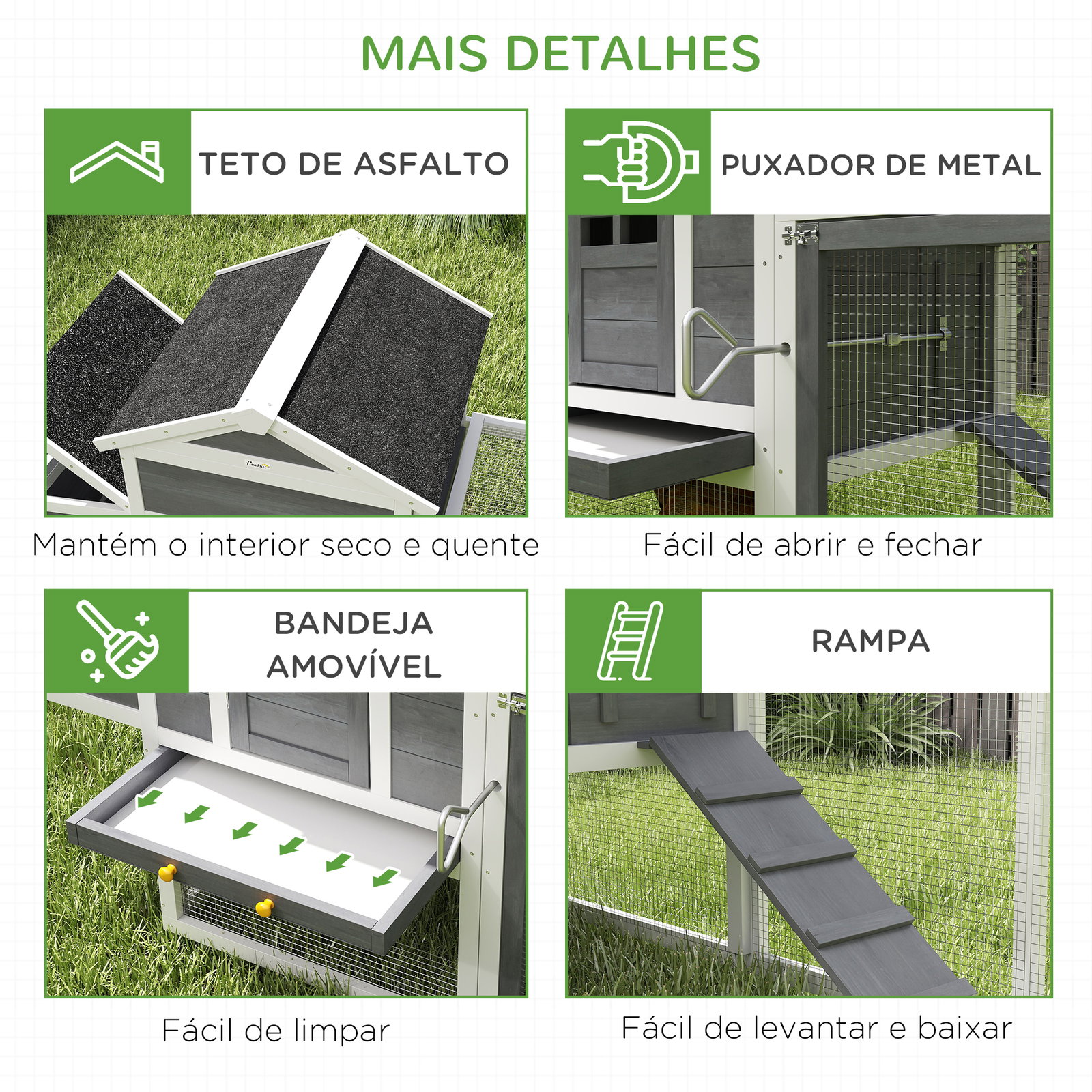 Galinheiro de madeira 297,5x68x118cm para 3-6 galinhas com teto asfáltico porta com trava e caixa ninho branco e cinza