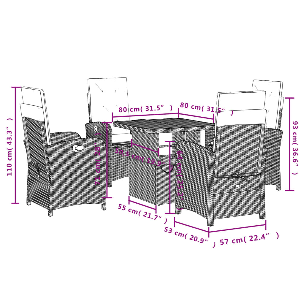 5 Pcs conjunto de jantar p/ jardim c/ almofadões vime PE preto