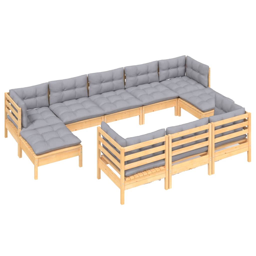 10Pcs conjunto lounge de jardim + almofadões cinza pinho maciço