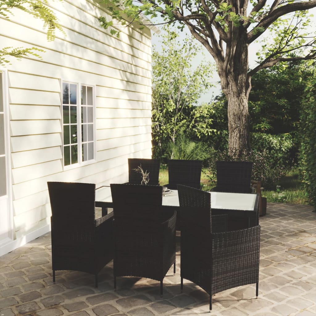 7 Pcs conjunto jantar exterior com almofadões vime PE preto