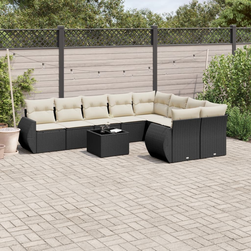 10 Pcs conjunto sofás de jardim c/ almofadões vime PE preto