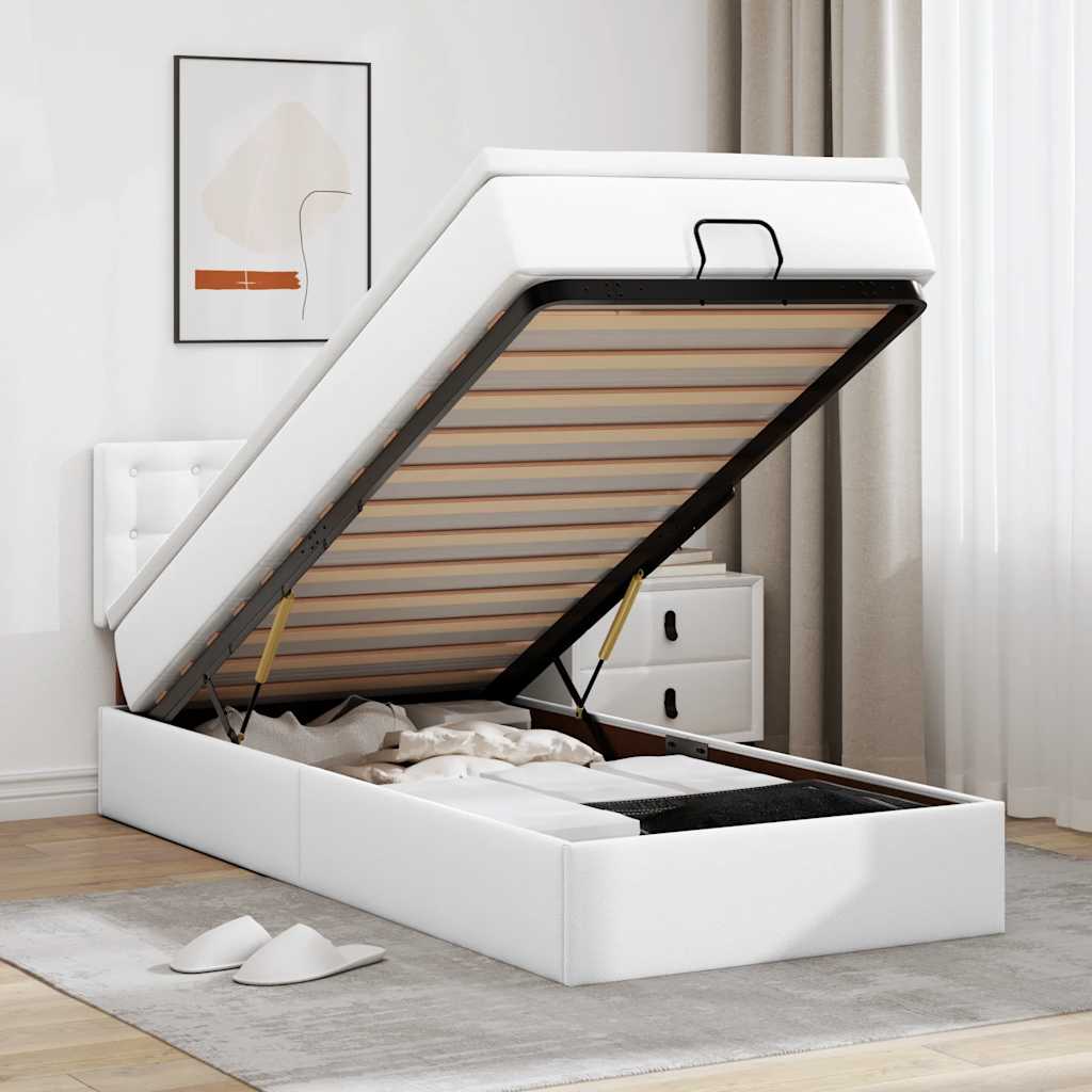 Cama otomana com colchão 90x200 cm couro artificial branco