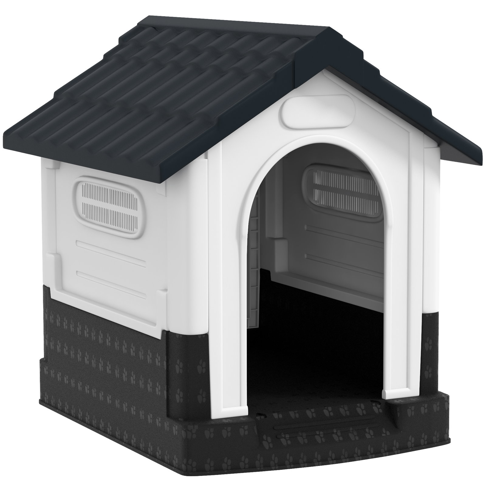 Casa para cães mini de exterior em plástico com 3 janelas base elevada telhado inclinado 64,5x57x66 cm cinzento escuro