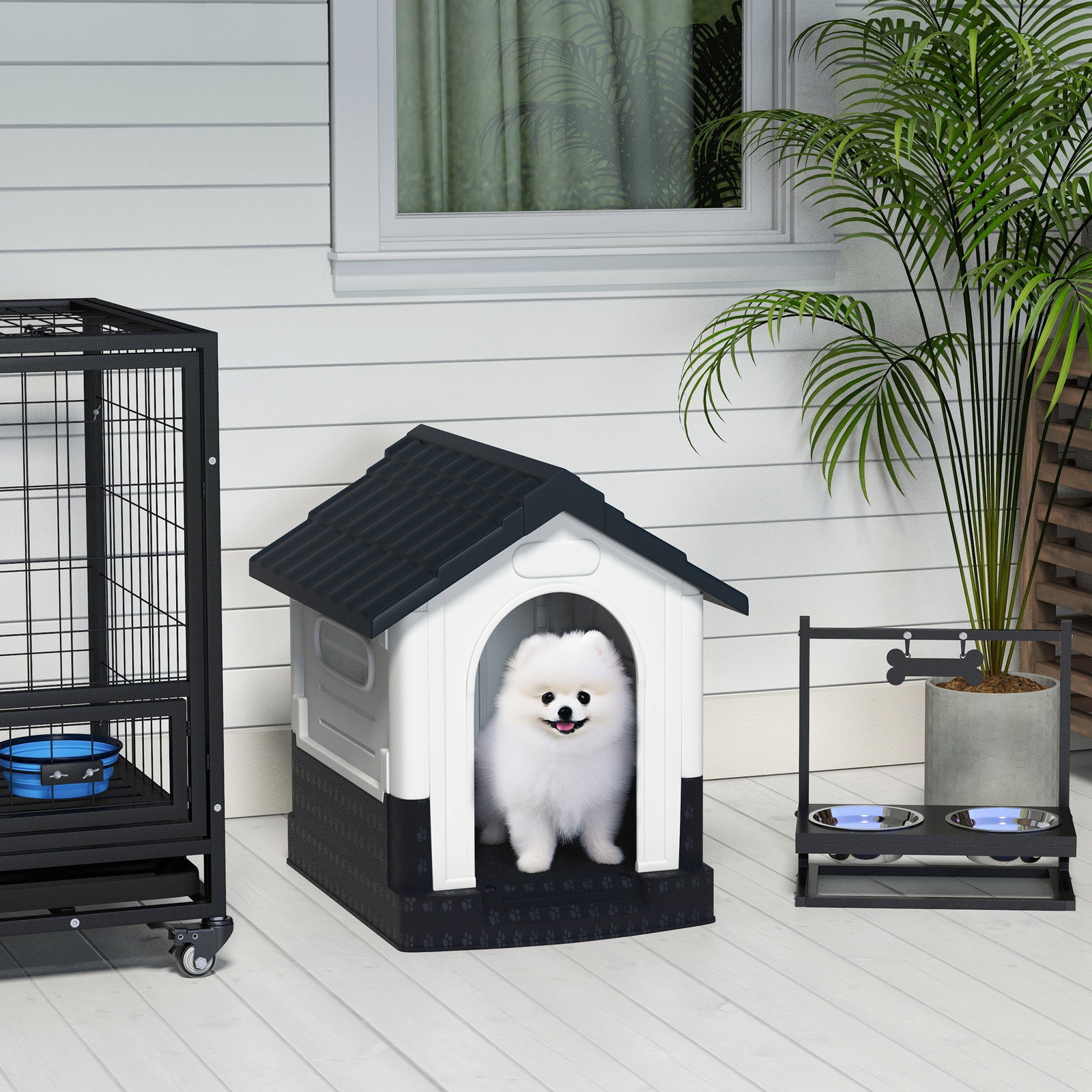 Casa para cães mini de exterior em plástico com 3 janelas base elevada telhado inclinado 64,5x57x66 cm cinzento escuro