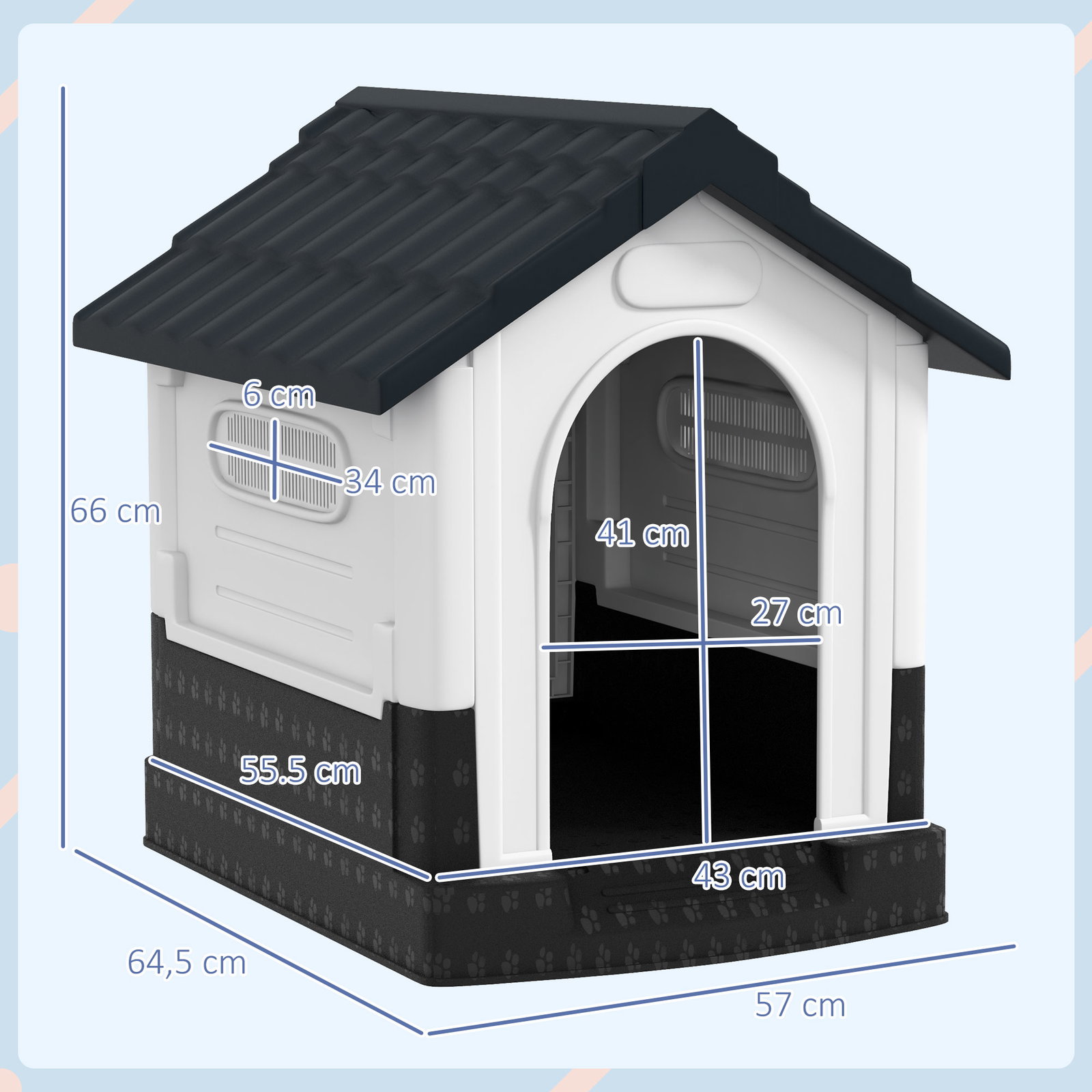 Casa para cães mini de exterior em plástico com 3 janelas base elevada telhado inclinado 64,5x57x66 cm cinzento escuro