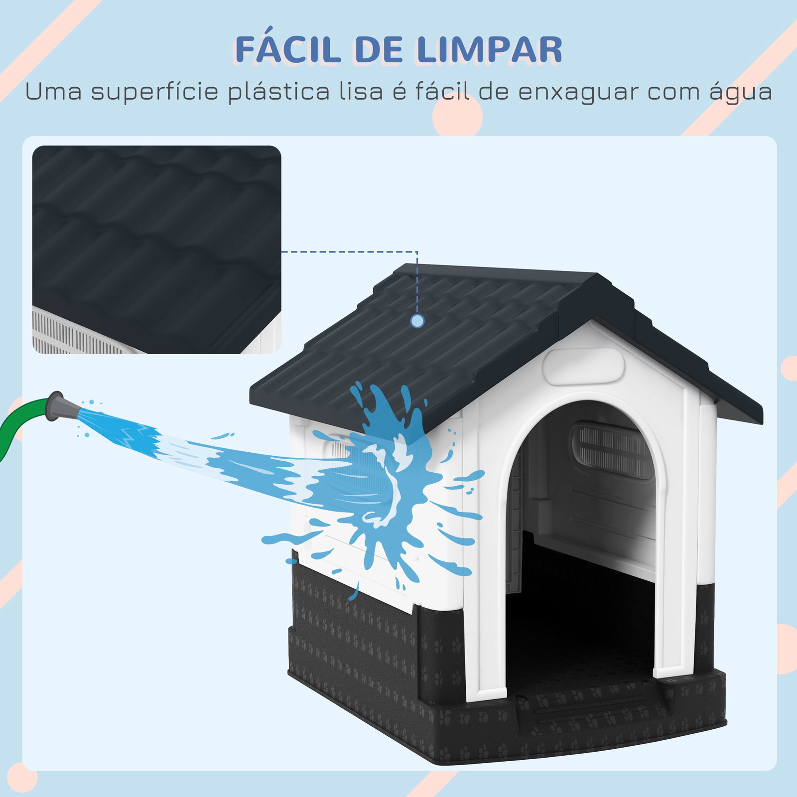Casa para cães mini de exterior em plástico com 3 janelas base elevada telhado inclinado 64,5x57x66 cm cinzento escuro